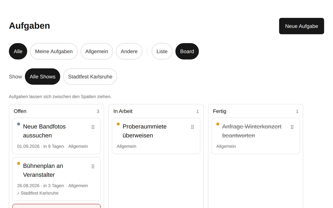 Das Aufgaben-Board mit den Spalten Offen, In Arbeit und Fertig