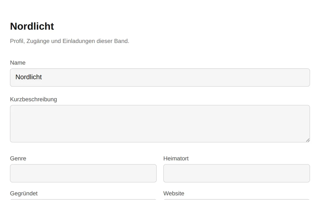 Das Bandprofil mit Zugängen und Einladungscodes