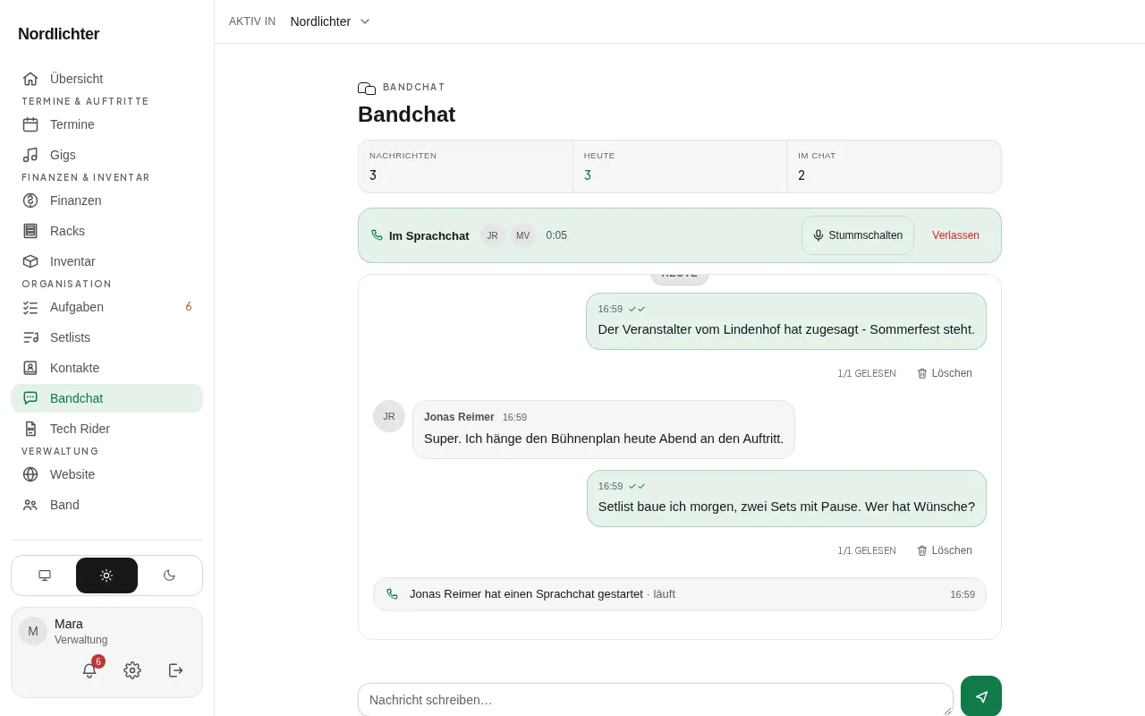 Der Bandchat mit laufendem Sprachchat: die Leiste über dem Verlauf zeigt die Teilnehmer, den Stumm-Schalter und die Dauer
