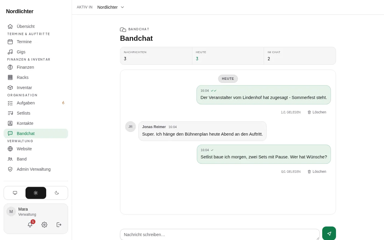 Der Bandchat mit Nachrichten beider Seiten, Tagestrenner und Lesestand an der eigenen Nachricht