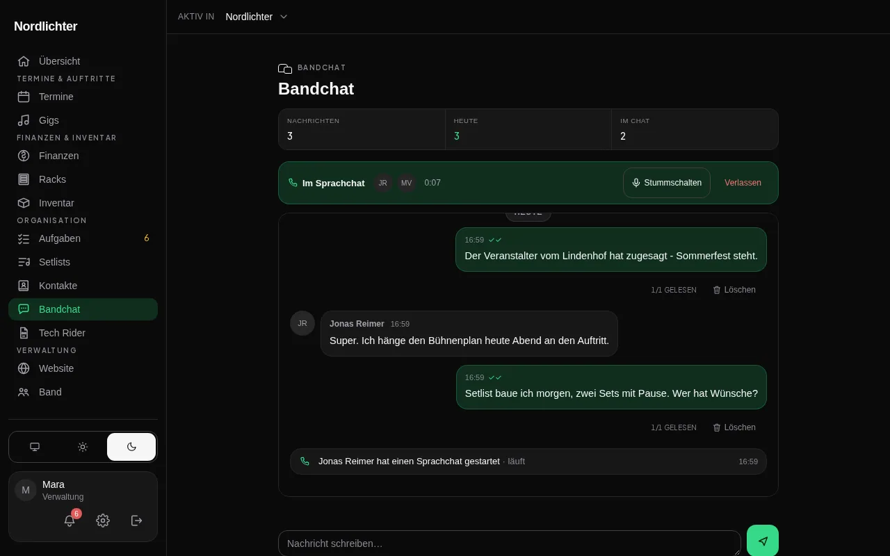 Der Bandchat mit laufendem Sprachchat: die Leiste über dem Verlauf zeigt die Teilnehmer, den Stumm-Schalter und die Dauer