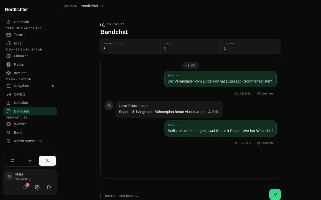 Der Bandchat mit Nachrichten beider Seiten, Tagestrenner und Lesestand an der eigenen Nachricht