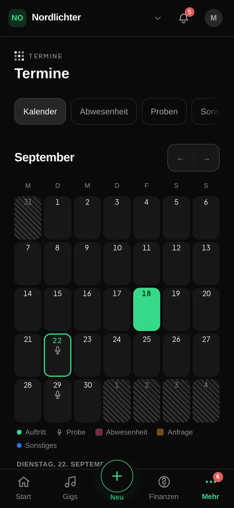 Der Monatskalender auf dem Telefon, mit Proben, einem bestätigten Auftritt und einer Abwesenheit
