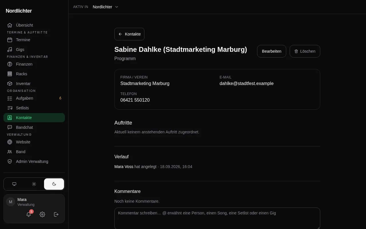 Ein Kontakt mit seinen anstehenden und vergangenen Auftritten sowie dem Verlauf der mit ihm gewechselten Mails