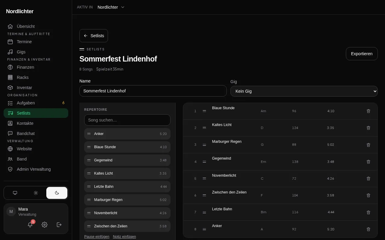 Der Setlist-Editor: links das Repertoire zum Suchen, rechts der Ablauf in zwei Sets mit Songzahl und Dauer je Set