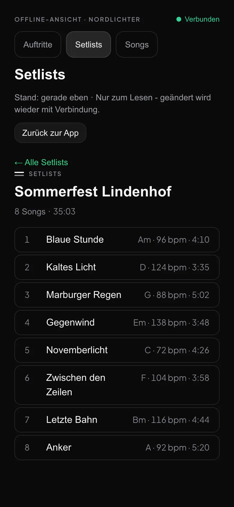 Die Offline-Ansicht auf dem Telefon mit den Reitern Auftritte, Setlists und Songs und einer Setlist in Sets darunter