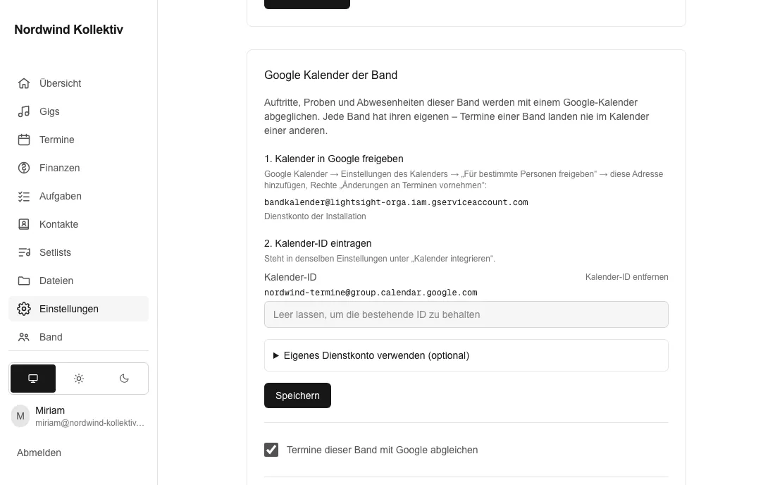 Der Google-Kalender der Band in den Einstellungen mit Freigabe-Adresse und Kalender-ID