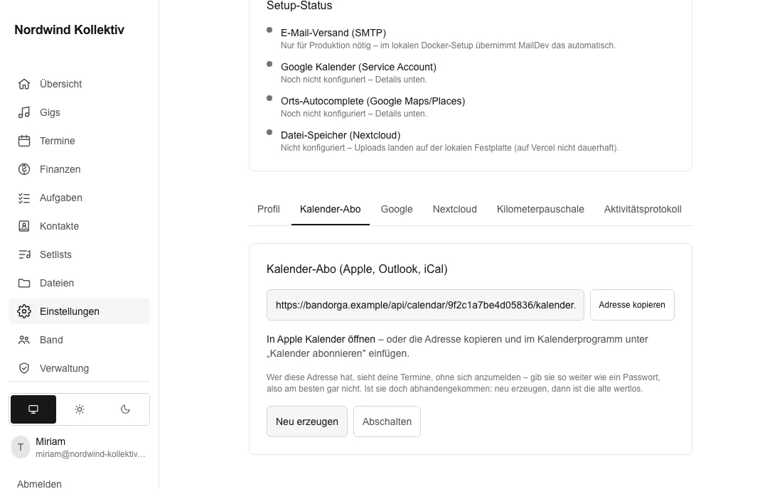 Das Kalender-Abo in den Einstellungen mit der Adresse zum Abonnieren