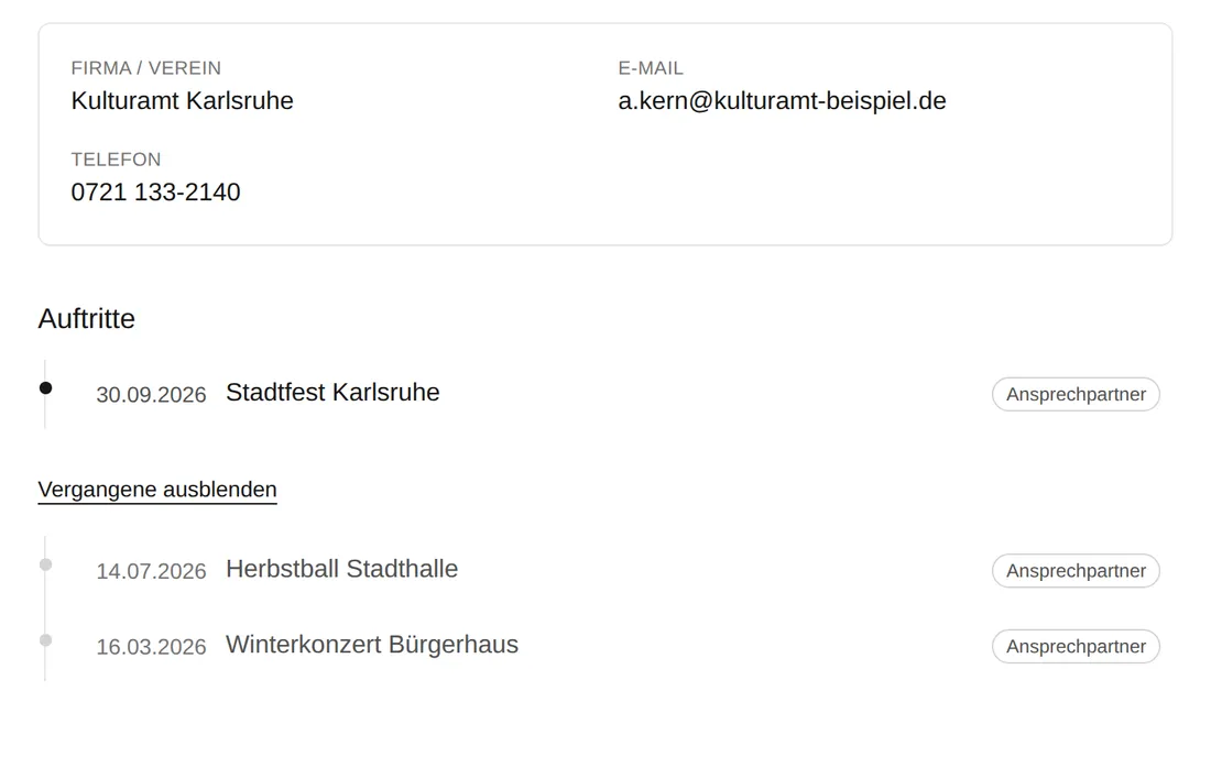 Ein Kontakt mit seinen anstehenden und vergangenen Auftritten