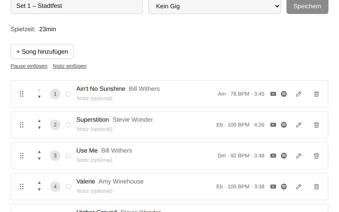 Der Setlist-Editor mit Songs, Tonart, Tempo und Spielzeit