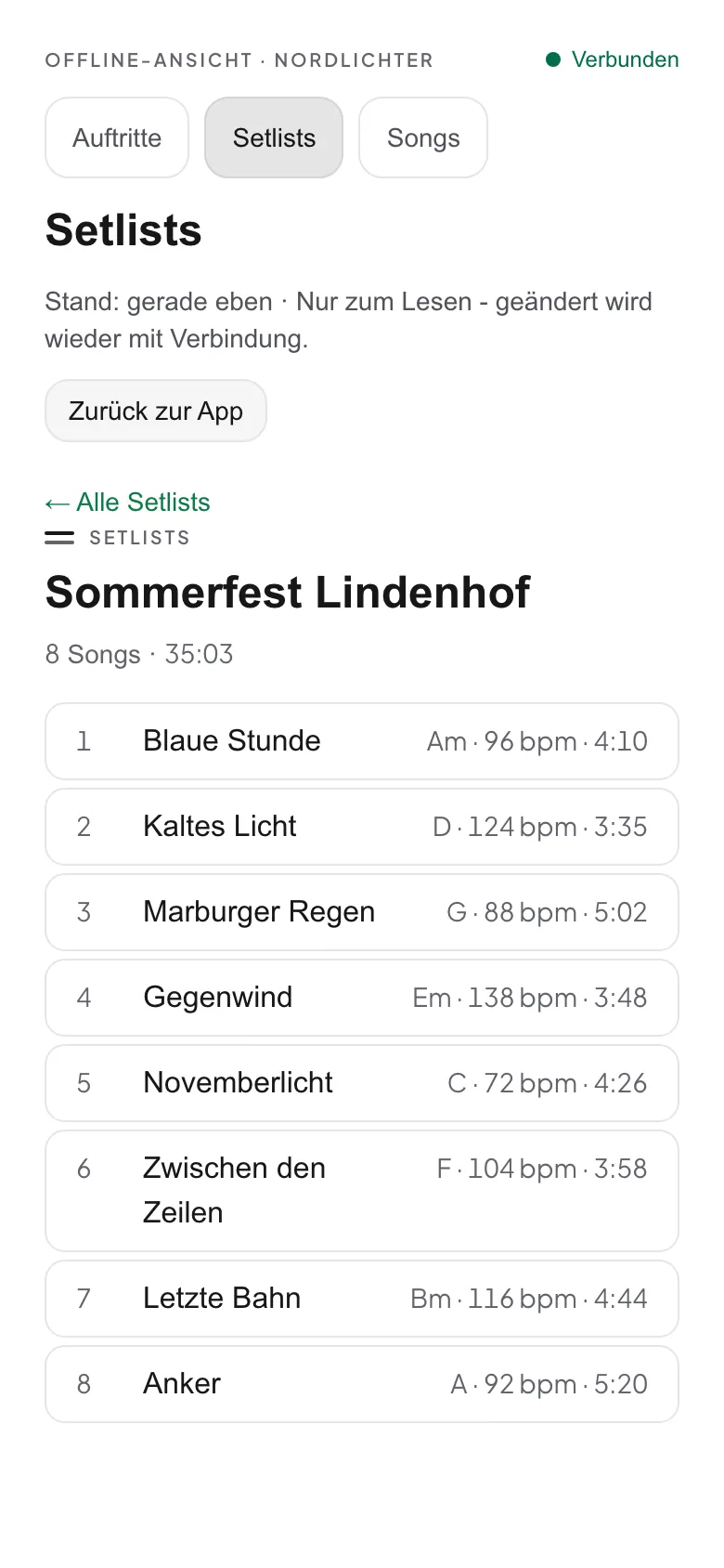 Die Offline-Ansicht auf dem Telefon mit den Reitern Auftritte, Setlists und Songs und einer Setlist in Sets darunter