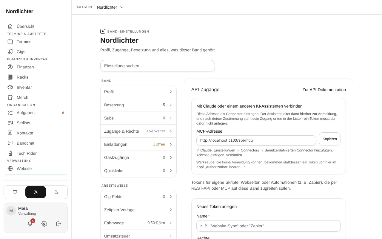 Die API-Zugänge einer Band mit der Liste der bestehenden Token und dem Formular für einen neuen