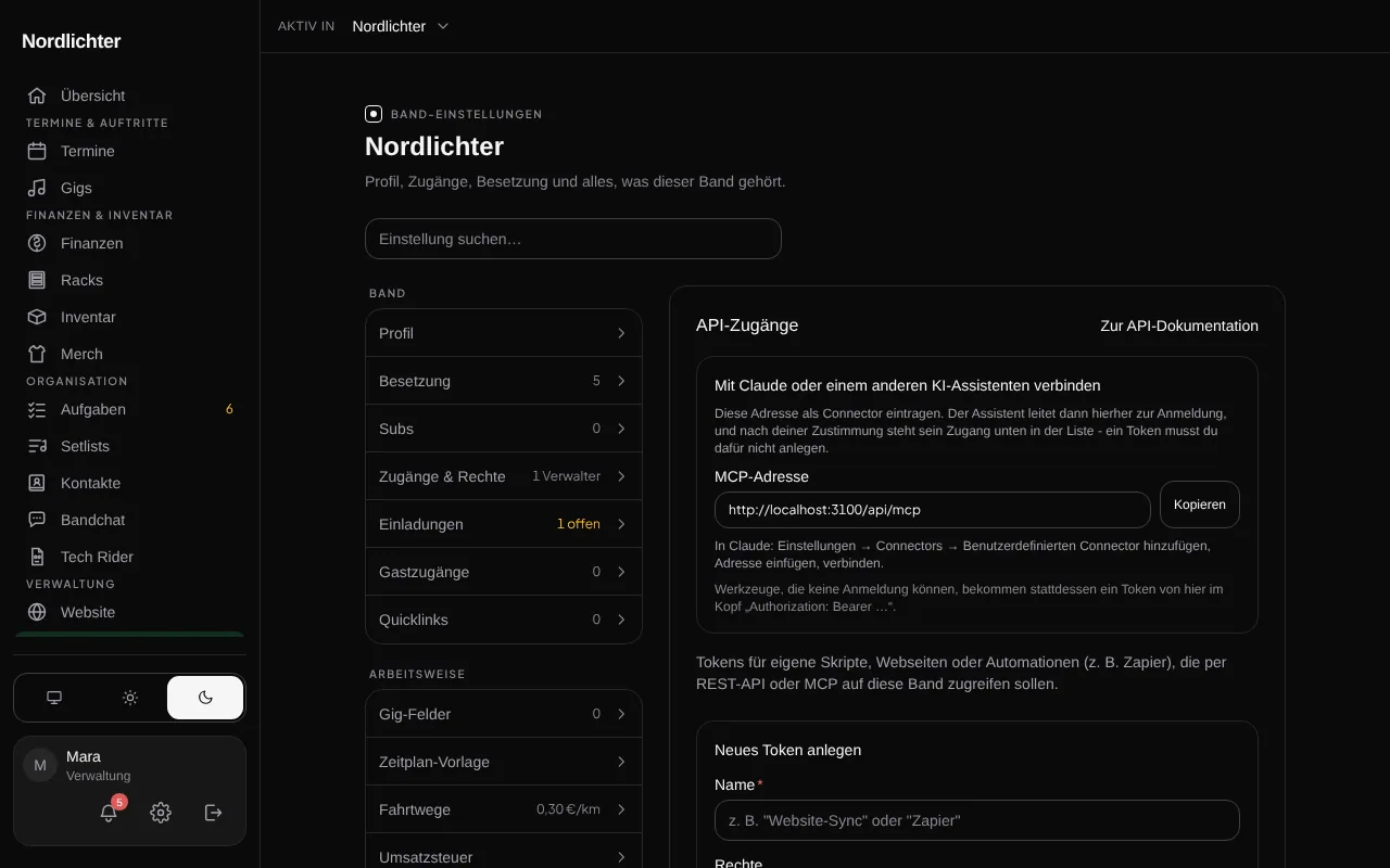 Die API-Zugänge einer Band mit der Liste der bestehenden Token und dem Formular für einen neuen