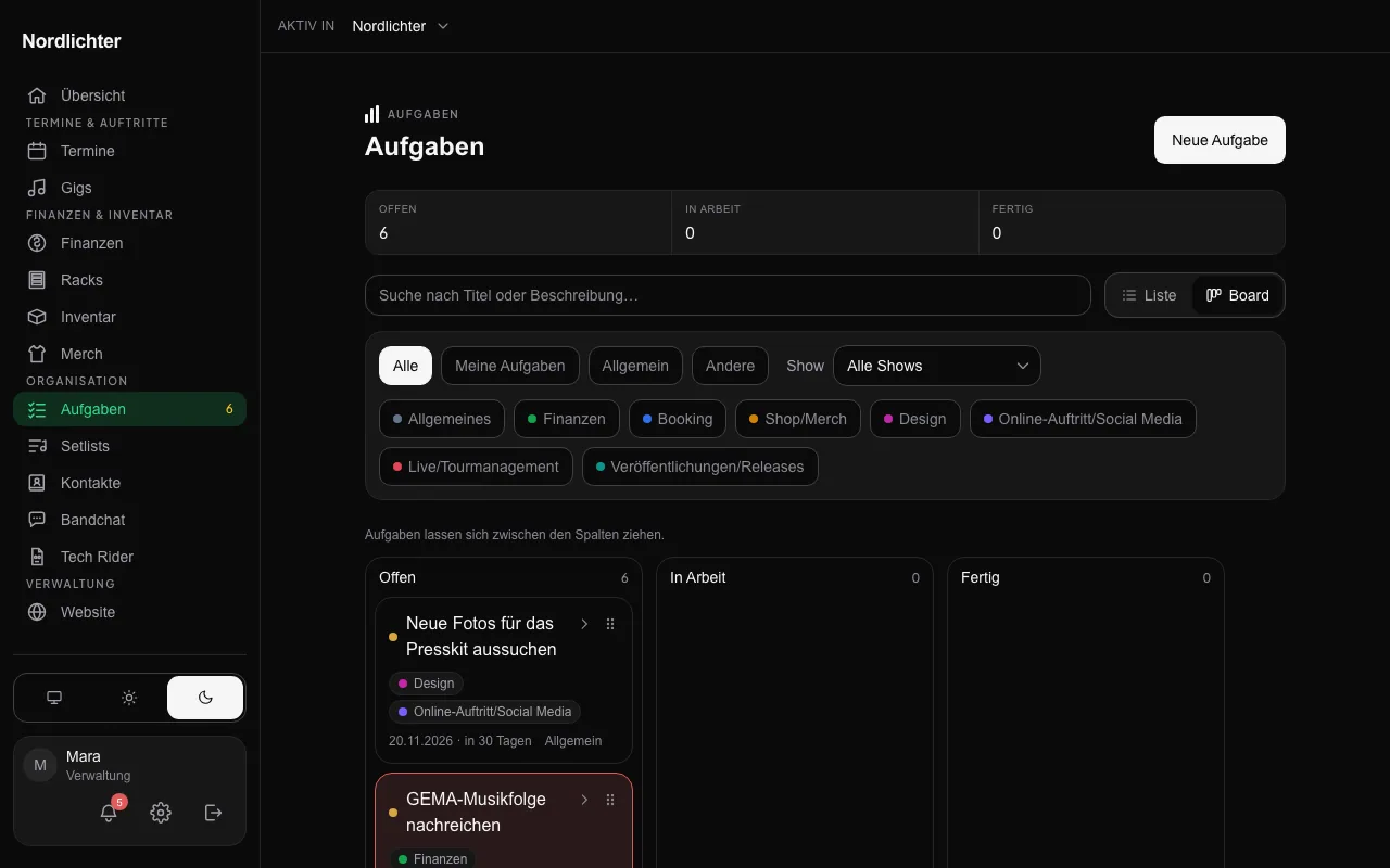 Das Aufgaben-Board mit den Spalten Offen, In Arbeit und Fertig