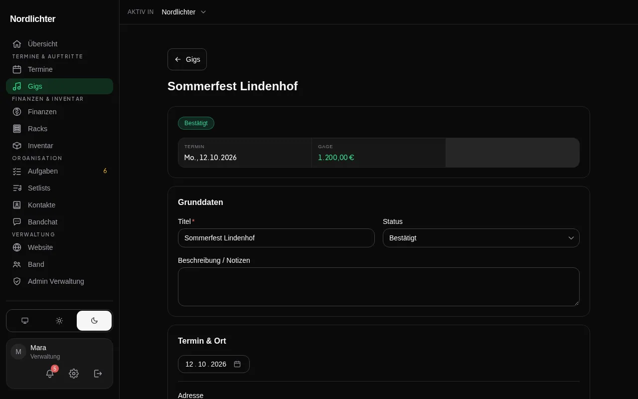 Ein Auftritt mit Überblick über Termin, Uhrzeiten und Gage, darunter das Formular in Abschnitten