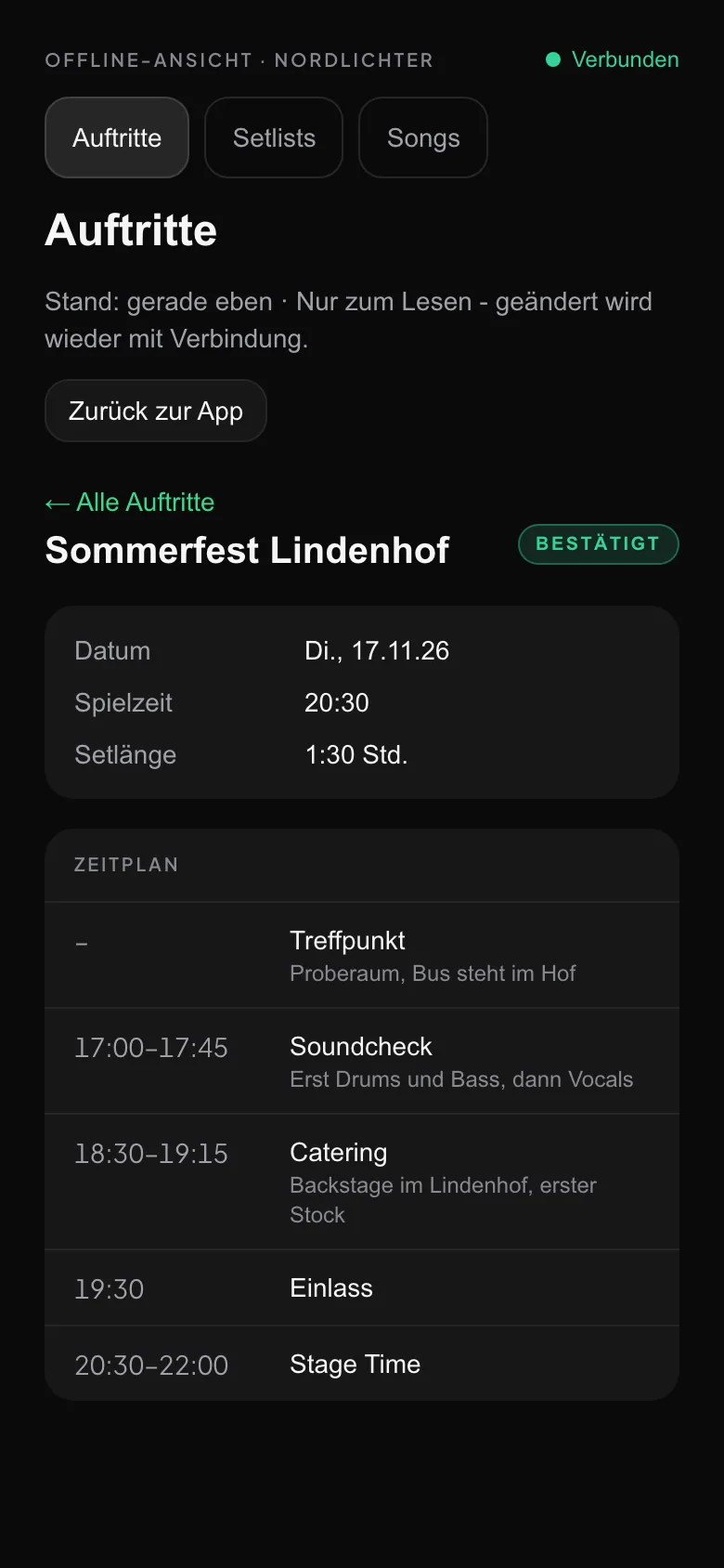 Die Offline-Ansicht auf dem Telefon: ein Auftritt mit Termin, Ort und dem Zeitplan des Abends, darüber der Stand der Kopie