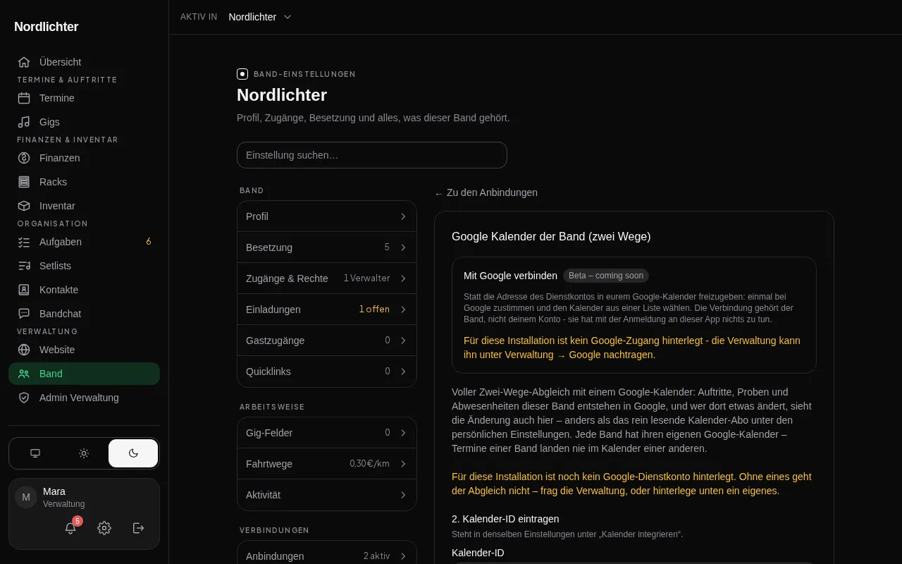 Die Einstellungen zur Verbindung mit einem Google-Kalender der Band