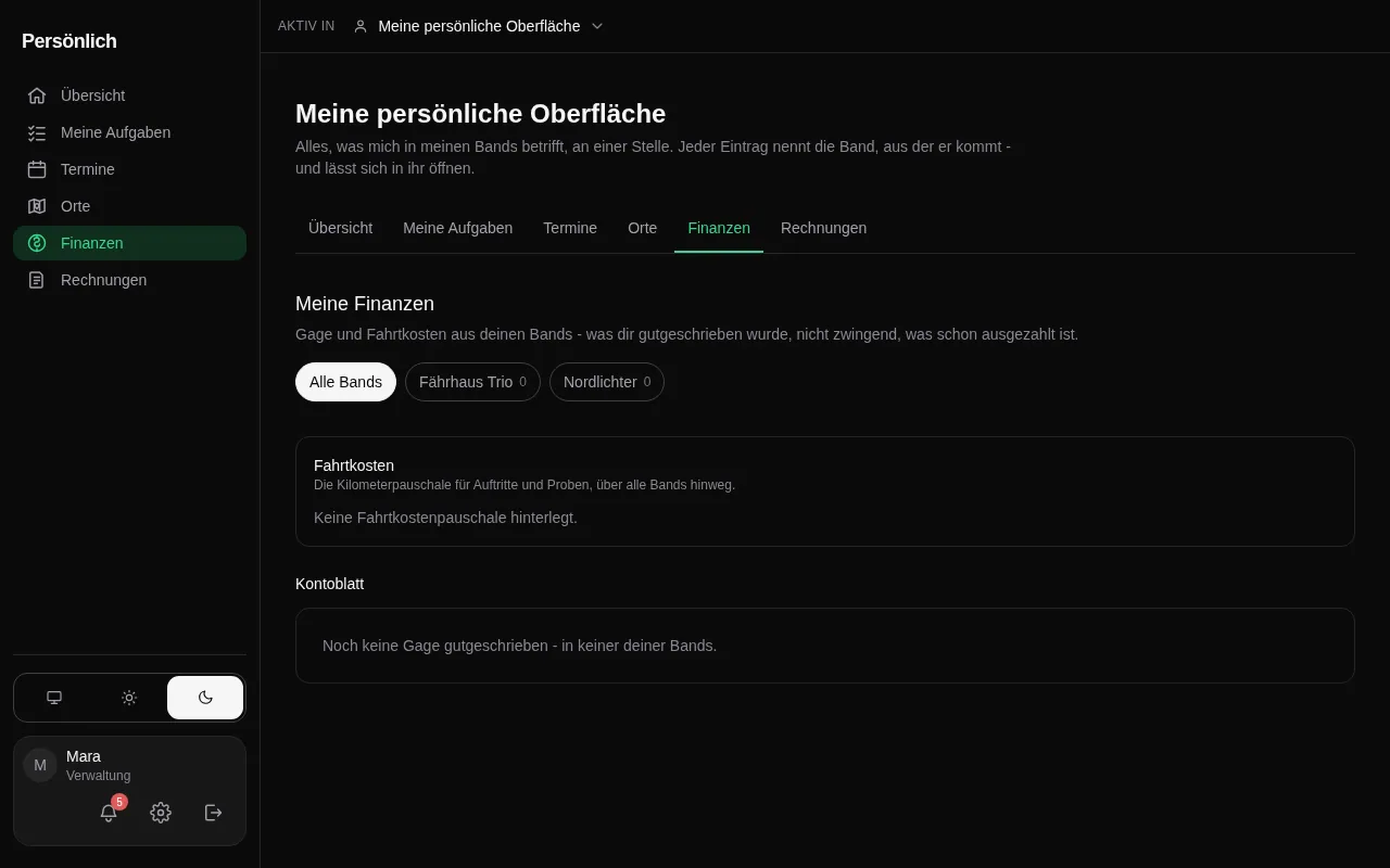Die persönlichen Finanzen mit einem Balkendiagramm über den Gage-Anteil je Band und dem zusammengeführten Kontoblatt darunter