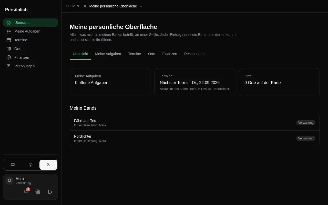 Die persönliche Oberfläche mit Terminen aus zwei Bands nebeneinander, jeder mit einem Bandschild