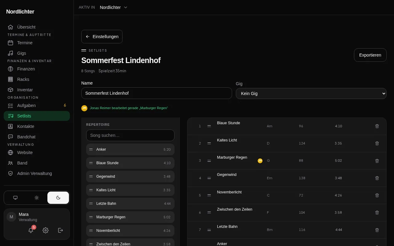 Der Setlist-Editor mit mitlaufender Spielzeit und dem Kürzel des Mitglieds, das gerade an einem Song arbeitet