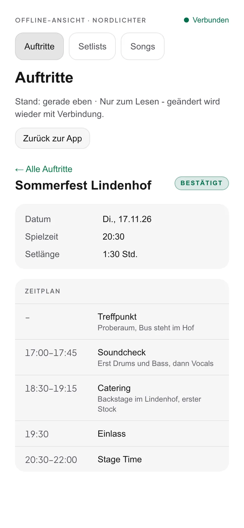 Die Offline-Ansicht auf dem Telefon: ein Auftritt mit Termin, Ort und dem Zeitplan des Abends, darüber der Stand der Kopie