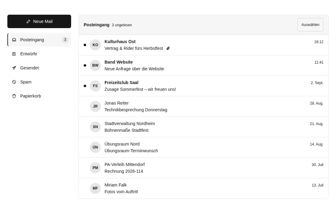 Der Posteingang der Band mit Ordnerspalte und ungelesenen Mails