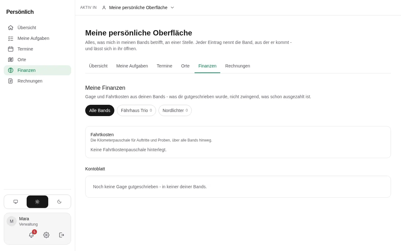 Die persönlichen Finanzen mit einem Balkendiagramm über den Gage-Anteil je Band und dem zusammengeführten Kontoblatt darunter