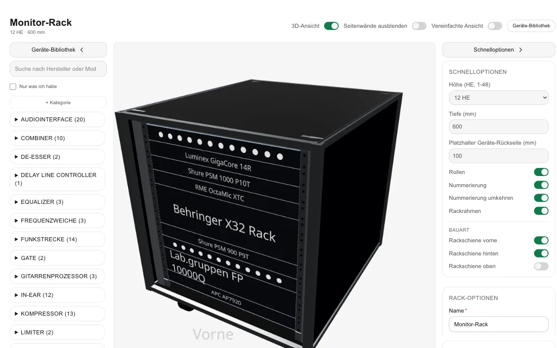 Der Rack-Planer mit einem bestückten 19-Zoll-Rack als drehbares 3D-Modell und der Geräte-Bibliothek daneben