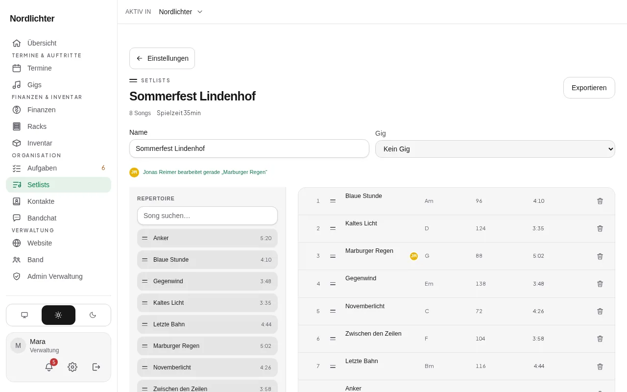 Der Setlist-Editor mit mitlaufender Spielzeit und dem Kürzel des Mitglieds, das gerade an einem Song arbeitet